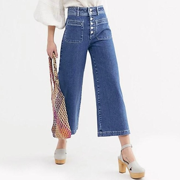 Free People Denim - SOLD-Free People High Waist Button Fly Wide Leg Retro Cropped Jeans